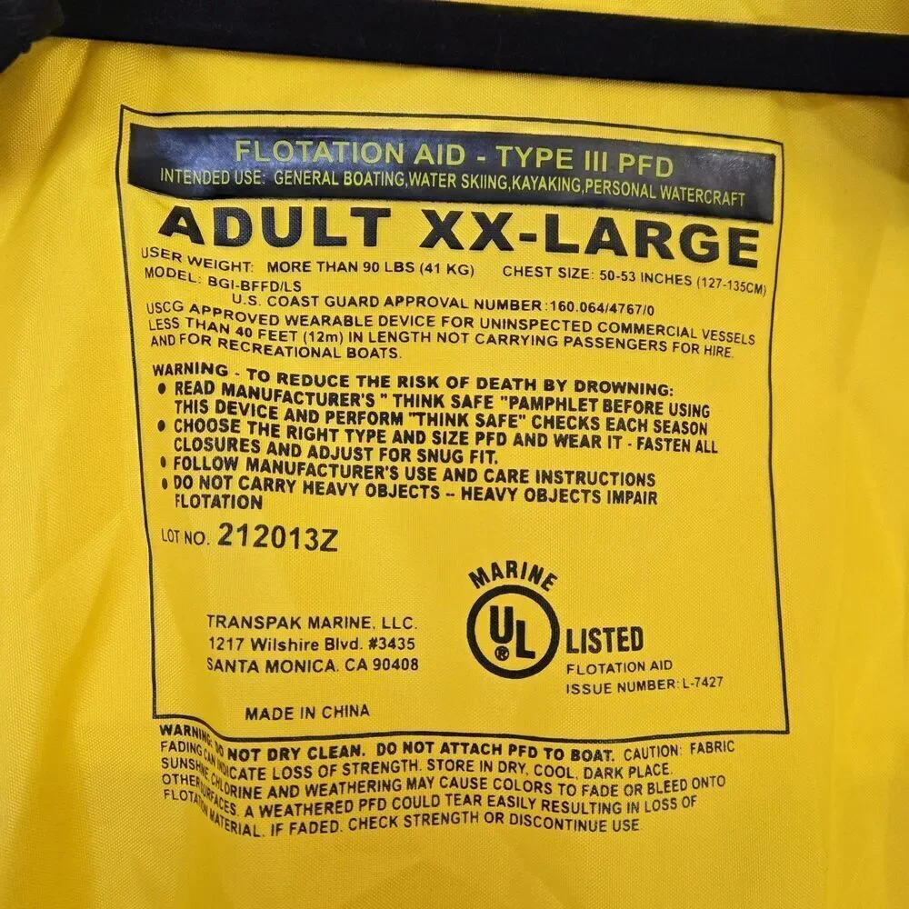 Body Glove Stay Afloat Coat Life Jacket Size XXL Type III PFD Yellow